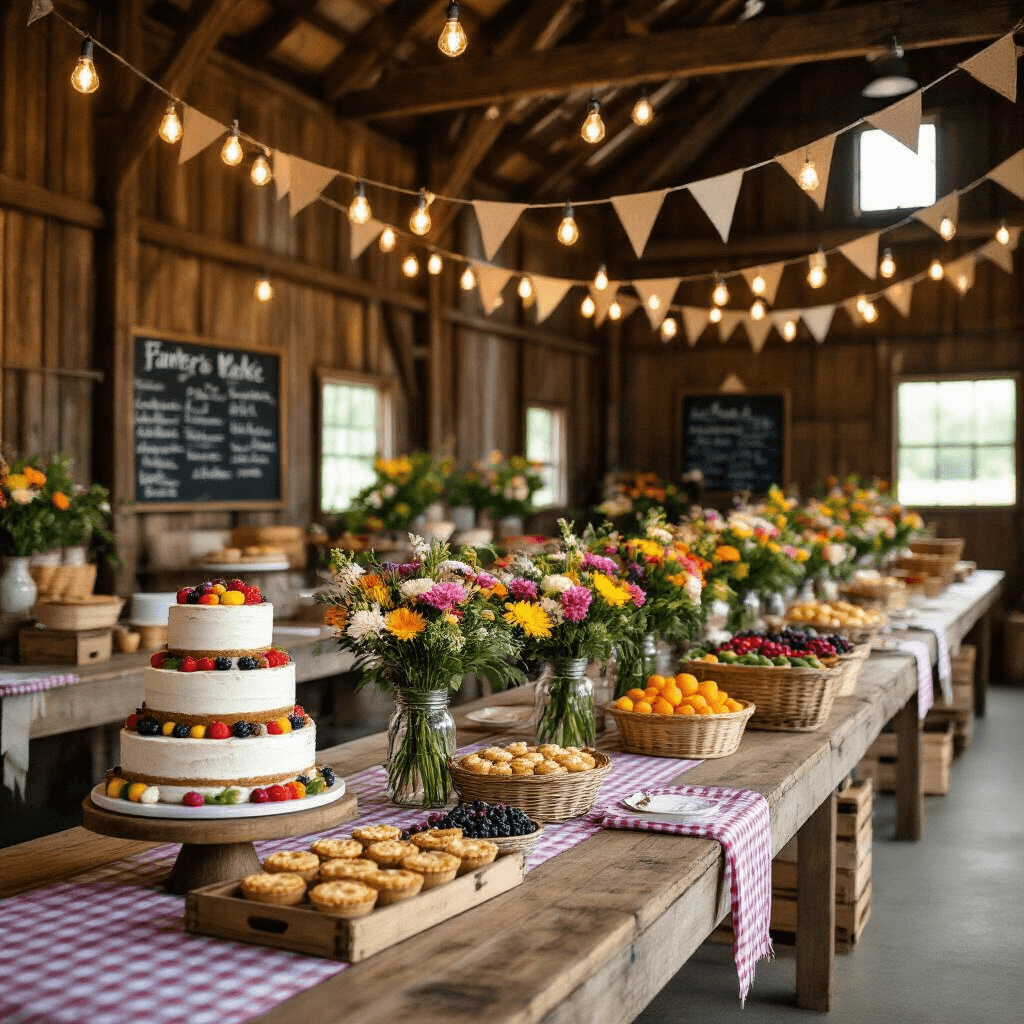 Farm Birthday Party: The Ultimate Guide to Creating a Memorable Barnyard Bash A rustic barn interior decorated for a Farmer's Market Chic birthday party, featuring long wooden tables with gingham runners and mason jar flower centerpieces, illuminated by warm Edison bulb strings. A dessert table with a tiered naked cake, mini pies, and baskets of berries, complemented by chalkboard signs and burlap banners.