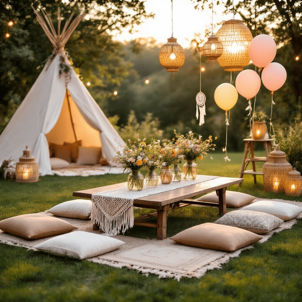 Farm Birthday Party: The Ultimate Guide to Creating a Memorable Barnyard Bash An enchanting outdoor Boho Farm party setup at golden hour featuring a low table with macramé runner, wildflower bud vases, plush floor cushions on lush grass, rattan lanterns, fairy lights, a cozy teepee with flowing fabrics and dream catchers, and pastel balloons tied to vintage ladders.
