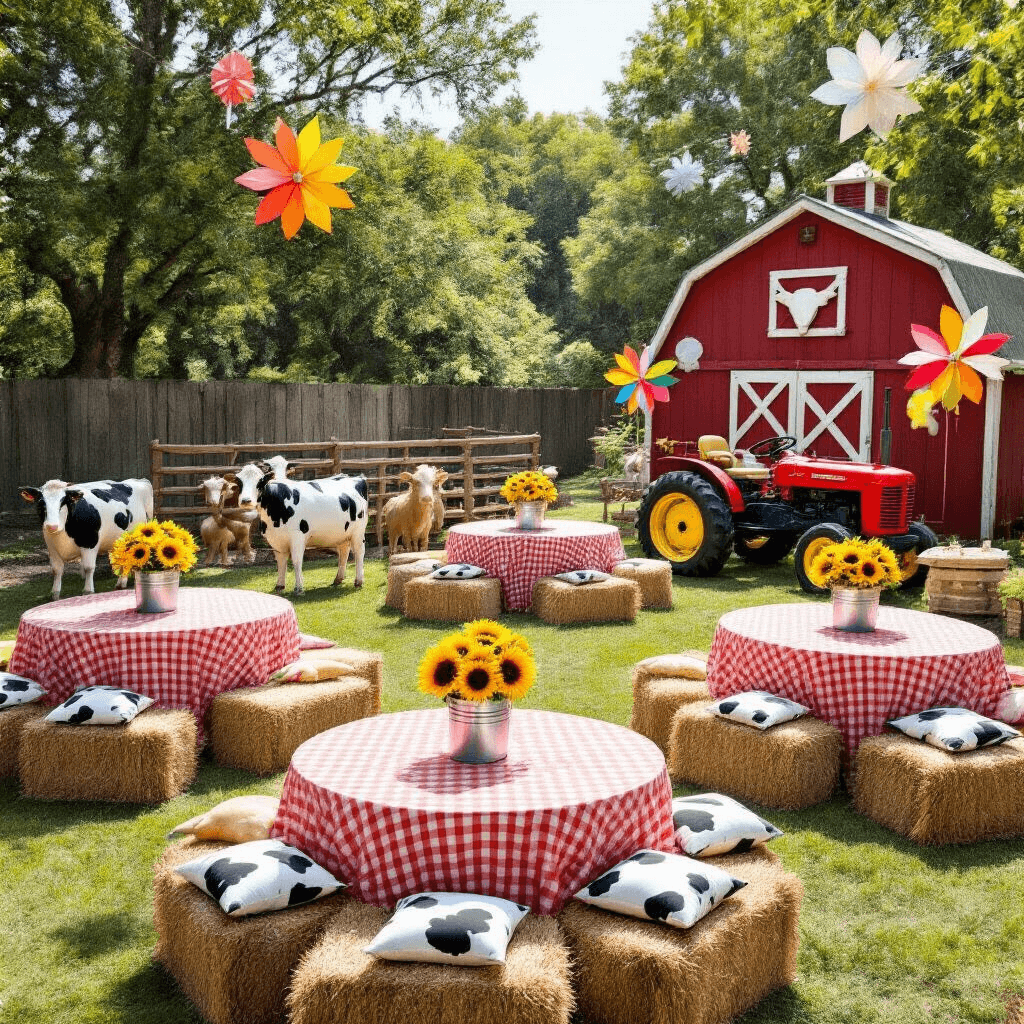 Farm Birthday Party: The Ultimate Guide to Creating a Memorable Barnyard Bash A vibrant barnyard animals party in a sun-drenched backyard, featuring round tables with red and white checked tablecloths, galvanized metal buckets of sunflowers, hay bale seating with cow print pillows, a petting zoo area with farm animals, a red barn backdrop, colorful pinwheels, oversized animal-shaped balloons, and a tractor photo booth with props.