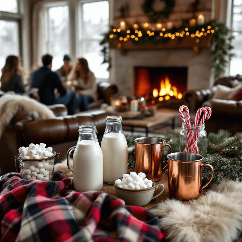 Farm Birthday Party: The Ultimate Guide to Creating a Memorable Barnyard Bash A cozy winter farm party interior featuring a hot chocolate bar with vintage milk bottles and copper mugs, surrounded by plaid blankets on leather armchairs and a faux fur rug, while guests enjoy the warm ambiance near a roaring fireplace adorned with pine garlands and twinkling lights.