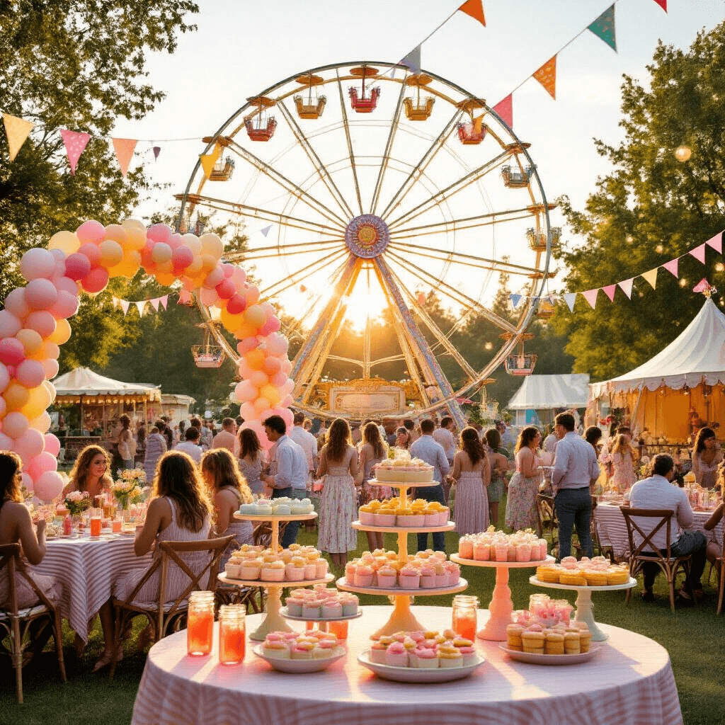 Spin Into Fun: The Ultimate Ferris Wheel Birthday Party Guide A whimsical outdoor carnival-themed birthday party featuring a vintage ferris wheel, a dessert table with pastel treats, bistro tables with striped linens, fairy lights, a balloon arch, and a welcoming sign.