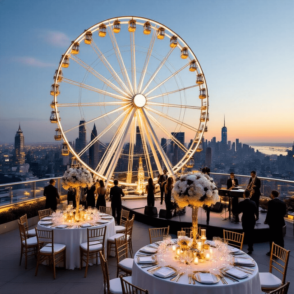 Spin Into Fun: The Ultimate Ferris Wheel Birthday Party Guide A stylish rooftop terrace at twilight features a white and gold ferris wheel sculpture, elegant round tables with floral centerpieces and metallic details, a champagne tower, and guests in cocktail attire mingling as a live jazz band plays, with a city skyline and observation wheel in the background.