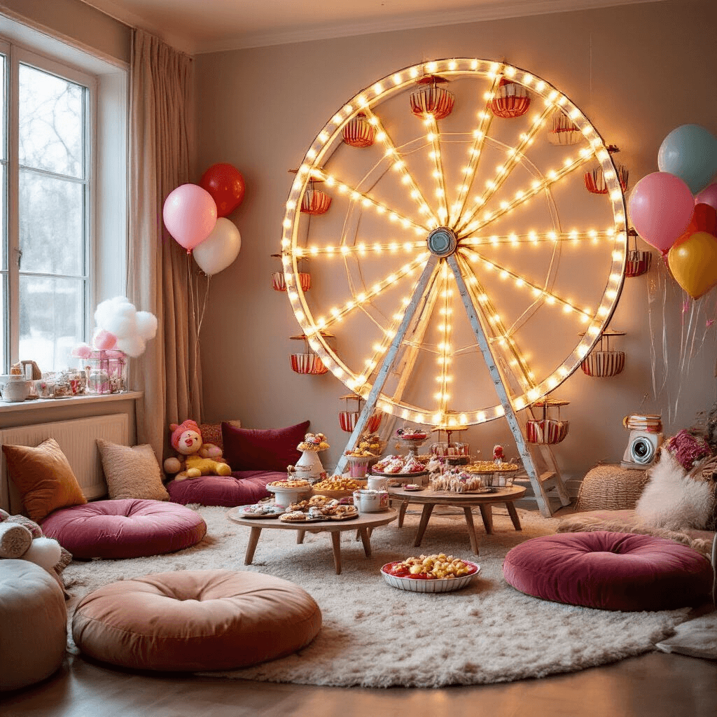 Spin Into Fun: The Ultimate Ferris Wheel Birthday Party Guide A cozy living room transformed into an indoor carnival for a winter birthday, featuring a cardboard ferris wheel backdrop with twinkle lights, plush velvet floor cushions, tables with carnival snacks and hot cocoa, colorful balloon animals and oversized lollipops, a vintage ticket booth photo area, and a cotton candy station emitting a soft pink glow.