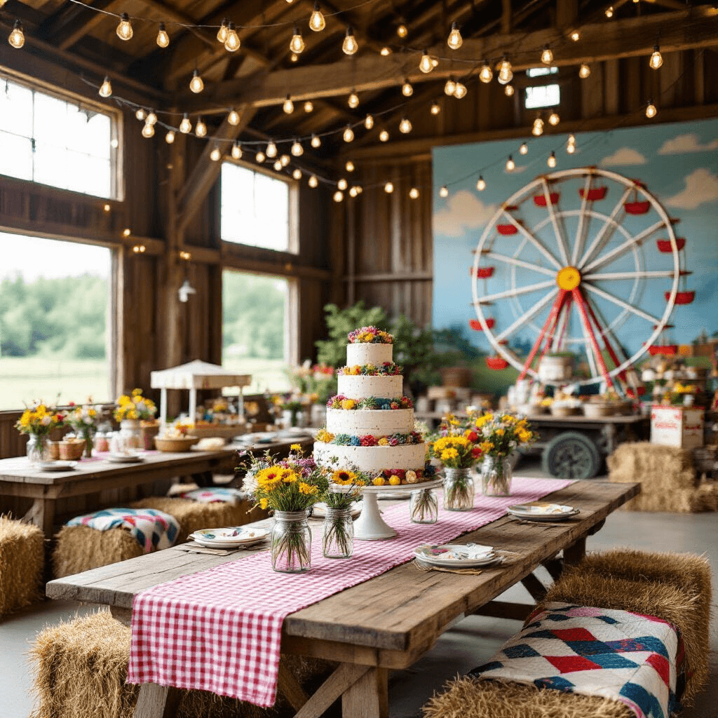 Spin Into Fun: The Ultimate Ferris Wheel Birthday Party Guide A rustic barn interior decorated for a summer birthday fair, featuring wooden farm tables with gingham runners, wildflower centerpieces, a hand-painted ferris wheel mural, a tiered cake resembling carnival treats, Edison bulb lighting, vintage carnival games, a popcorn cart, and hay bales with colorful quilts for seating.