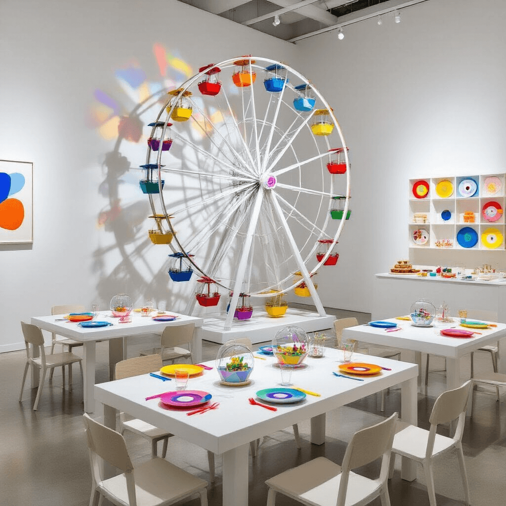 Spin Into Fun: The Ultimate Ferris Wheel Birthday Party Guide An upscale children's birthday party in a modern art gallery featuring a minimalist ferris wheel sculpture in the center, colorful shadows on white walls, low tables with geometric plates and bright cutlery, miniature ferris wheel terrariums as centerpieces, an interactive spin art station, and a dessert wall with color-coordinated treats in lucite boxes.