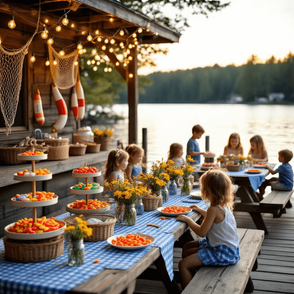 Gone Fishin': The Ultimate Fish-Themed Birthday Party Guide A rustic lakeside birthday party at golden hour, featuring a decorated wooden dock with fairy lights, fishing nets, and buoys. Round picnic tables with blue gingham tablecloths, mason jar wildflower centerpieces, and tackle box place settings. Children around a 'Bait & Tackle' snack bar with Swedish Fish and Goldfish crackers, illuminated by warm lighting reflecting off the water.