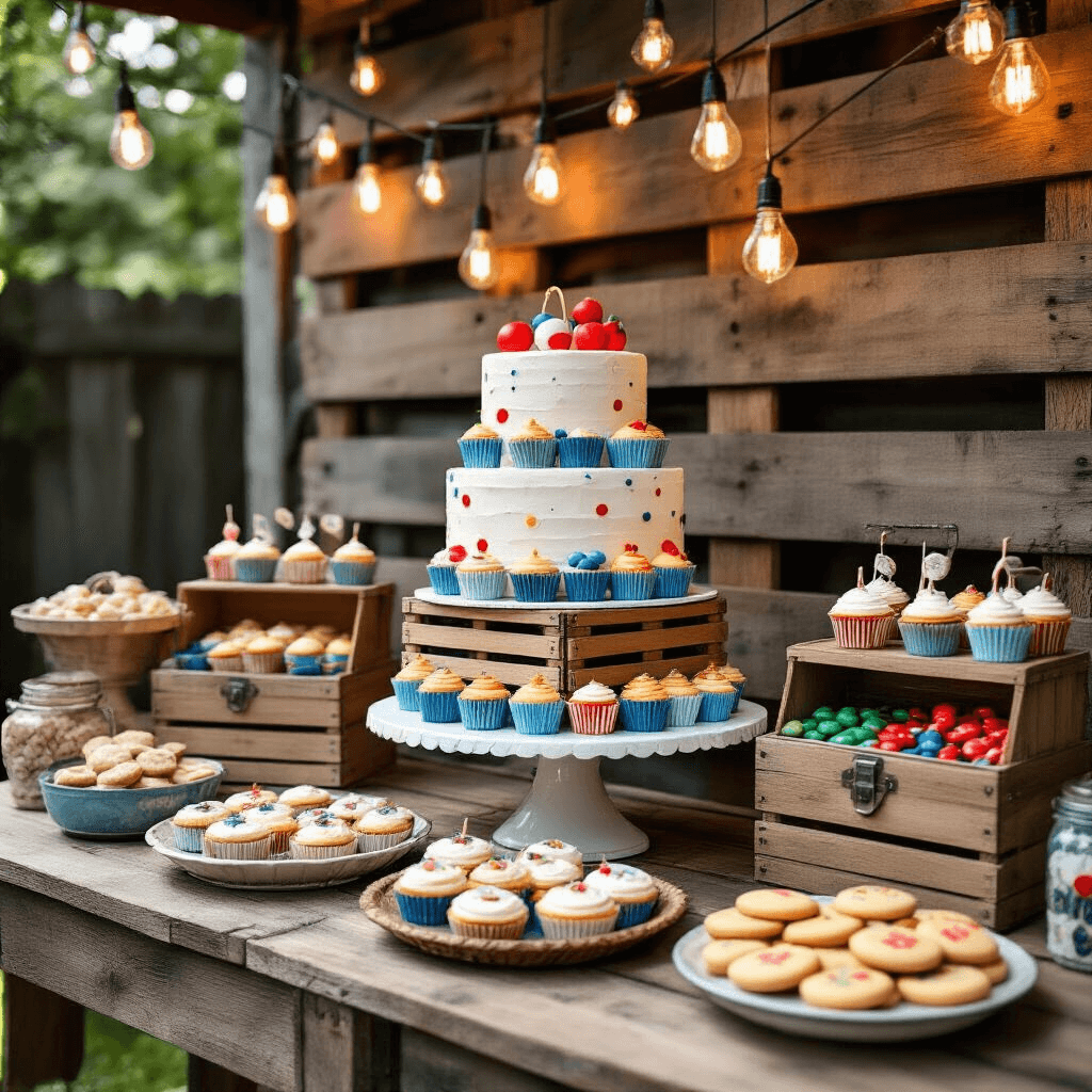 Gone Fishin': The Ultimate Fish-Themed Birthday Party Guide Intimate backyard birthday celebration featuring a dessert table against a DIY pallet wall, showcasing a tiered cake resembling fishing crates, bobber-wrapped cupcakes, fish-shaped cookies, and tackle boxes filled with nautical candies, all illuminated by warm edison bulbs amidst a red and blue color scheme.