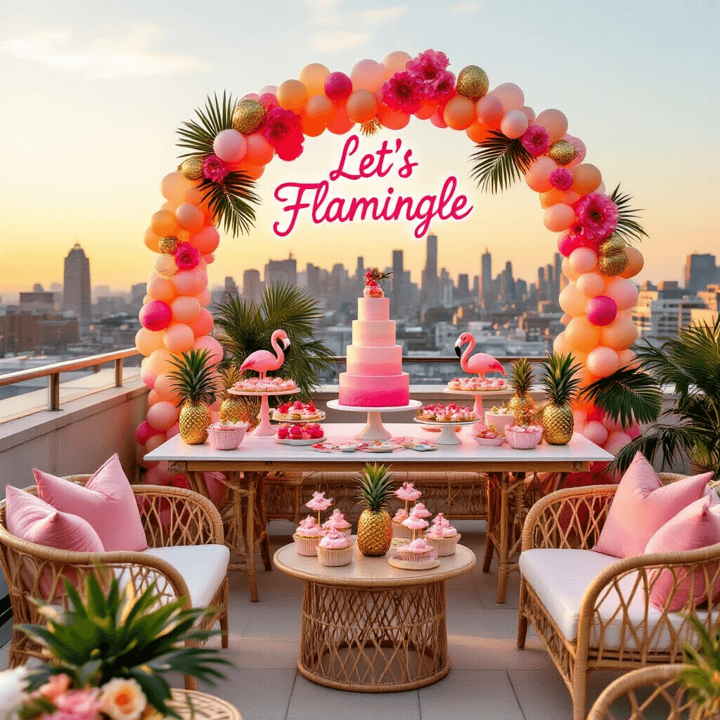 Let's Flamingle: The Ultimate Flamingo Birthday Party Guide for Tropical Glam Celebrations A sunlit rooftop terrace features a tropical flamingo-themed dessert table with a pink ombré cake, flamingo cupcakes, and pineapple treats, surrounded by rattan furniture, palm leaf centerpieces, and a balloon arch, with a neon 'Let's Flamingle' sign illuminating a DIY photo booth.