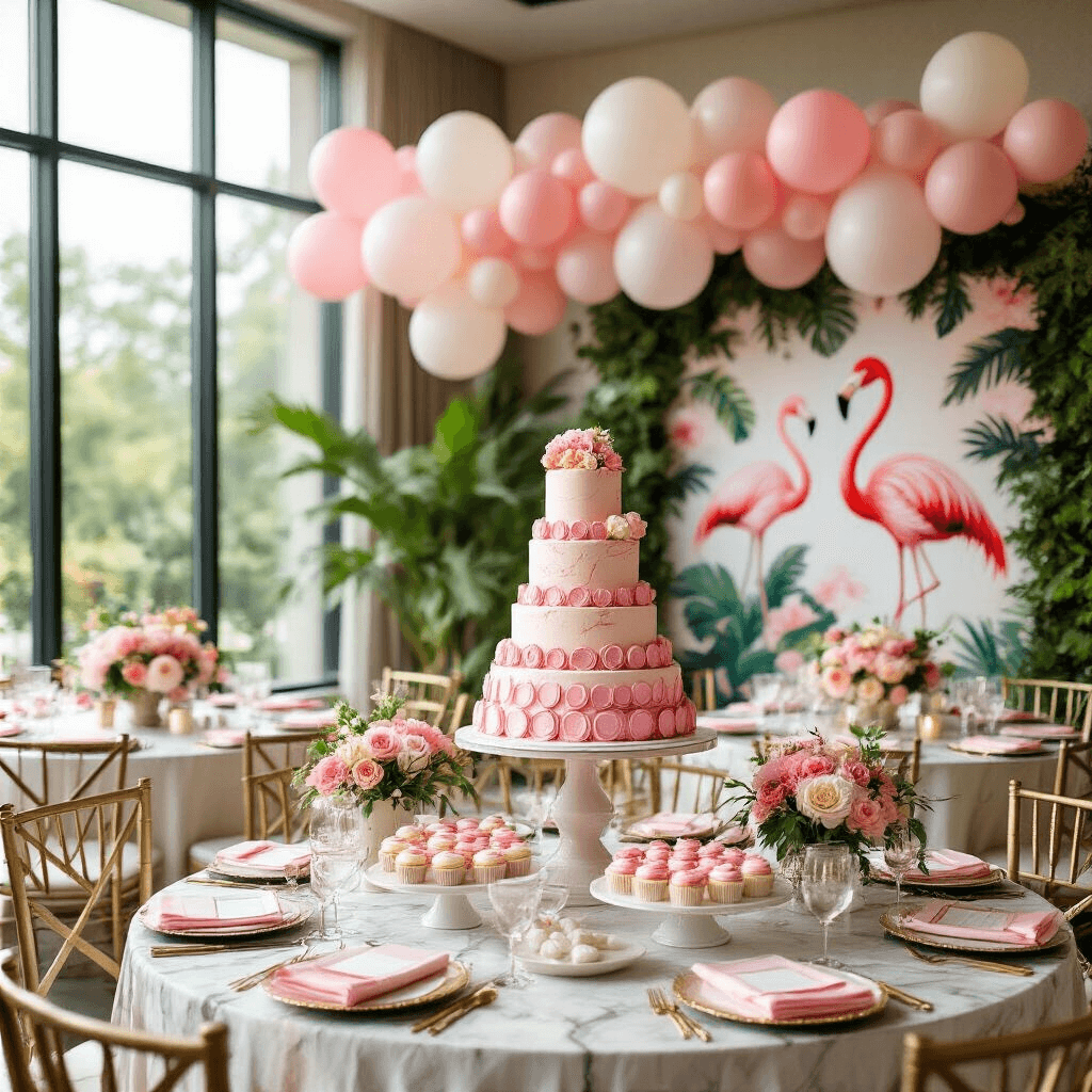Let's Flamingle: The Ultimate Flamingo Birthday Party Guide for Tropical Glam Celebrations An elegant indoor ballroom filled with soft daylight, featuring a grand dessert station with pink macarons, cupcakes, and a flamingo cake, surrounded by floating balloons and tropical floral centerpieces on round tables, with a hand-painted flamingo mural backdrop and gold 'Happy Birthday' lettering.