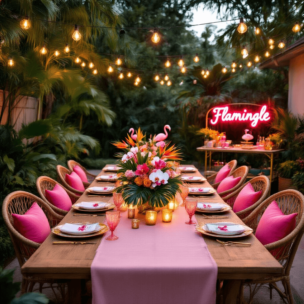 Let's Flamingle: The Ultimate Flamingo Birthday Party Guide for Tropical Glam Celebrations A whimsical backyard celebration at dusk, featuring a long farmhouse table adorned with a blush pink linen runner and lush tropical centerpieces. The setting includes gold and white place settings with flamingo-shaped place cards, rattan peacock chairs with fuchsia cushions, and a vibrant vintage bar cart with pink glassware and a neon 'Flamingle' sign, all illuminated by warm fairy lights and lanterns.