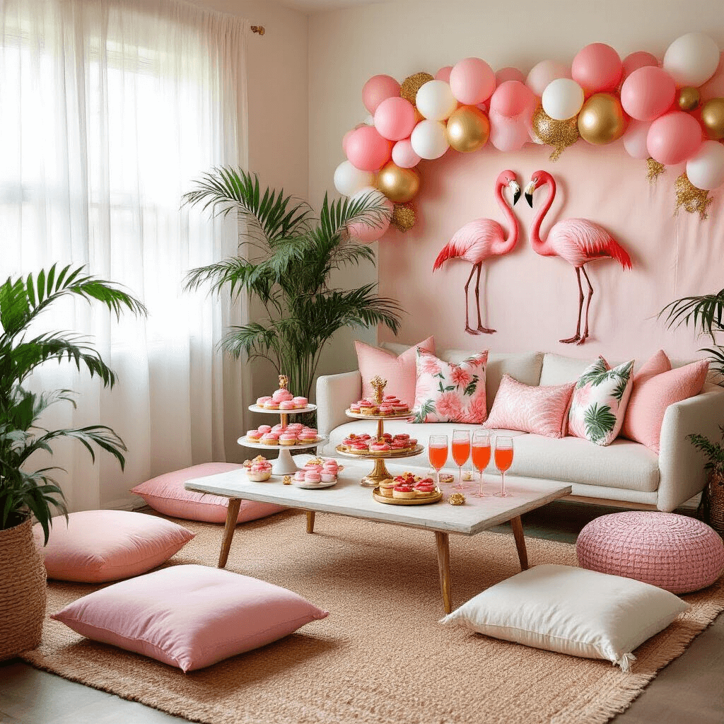 Let's Flamingle: The Ultimate Flamingo Birthday Party Guide for Tropical Glam Celebrations A cozy living room styled as a flamingo haven, featuring a low brunch table with pink donuts and tropical fruit tarts, pink mimosas in gold rimmed glasses, surrounded by plush cushions and tropical leaf pillows, and decorated with a wall of paper flamingos and a balloon garland.