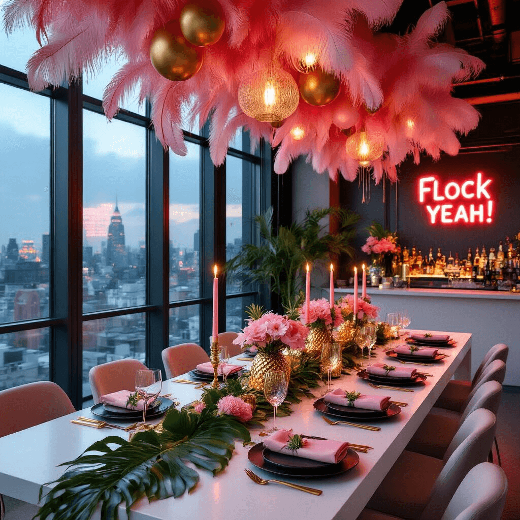 Let's Flamingle: The Ultimate Flamingo Birthday Party Guide for Tropical Glam Celebrations A modern loft dining space illuminated by evening light, featuring a sleek white table set with matte black plates, gold cutlery, blush napkins, and adorned with greenery and pale pink orchids. Above, a canopy of pink feathers and metallic balloons adds a festive touch, while a stylish bar area highlights a neon 'Flock Yeah!' sign and champagne coupes filled with pink bubbly.