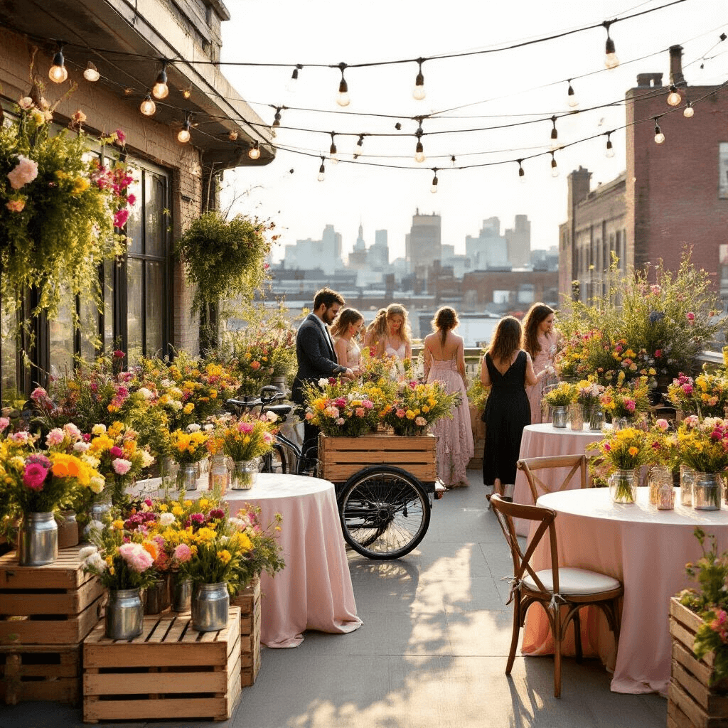 Flower Market Birthday Party: The Ultimate Guide to a Blooming Celebration Aerial view of a vibrant rooftop flower market with colorful blooms in wooden crates, a vintage bicycle cart as a central stall, and string lights overhead, all illuminated by golden hour light. Guests enjoy a DIY bouquet bar with enamel buckets and round tables dressed in blush linen.