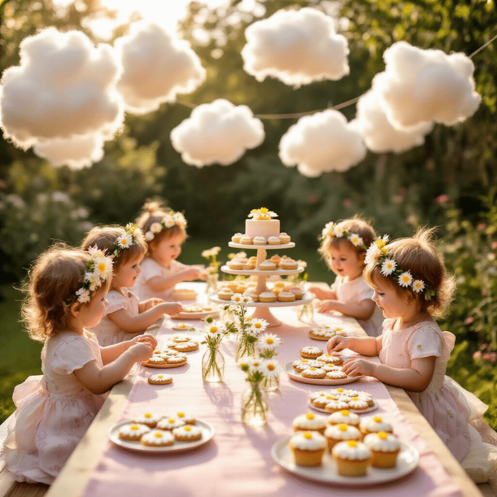 Blooming Celebrations: The Ultimate Flower-Themed Birthday Party Guide for Every Age A sunlit garden party for a toddler's birthday featuring a long picnic table with a pastel pink runner, small glass vases with daisies, and soft tulle clouds above. Toddlers in floral crowns decorate daisy-shaped cookies at a craft table, while a tiered cake stand displays colorful cupcakes with buttercream flower designs.