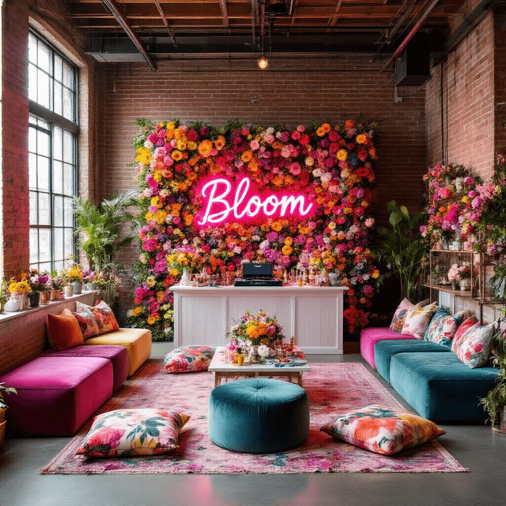 Blooming Celebrations: The Ultimate Flower-Themed Birthday Party Guide for Every Age A vibrant teen birthday party in a modern loft featuring a flower-themed backdrop, interactive floral stations, jewel-toned lounge seating, and a glowing neon 'Bloom' sign at the DJ booth.