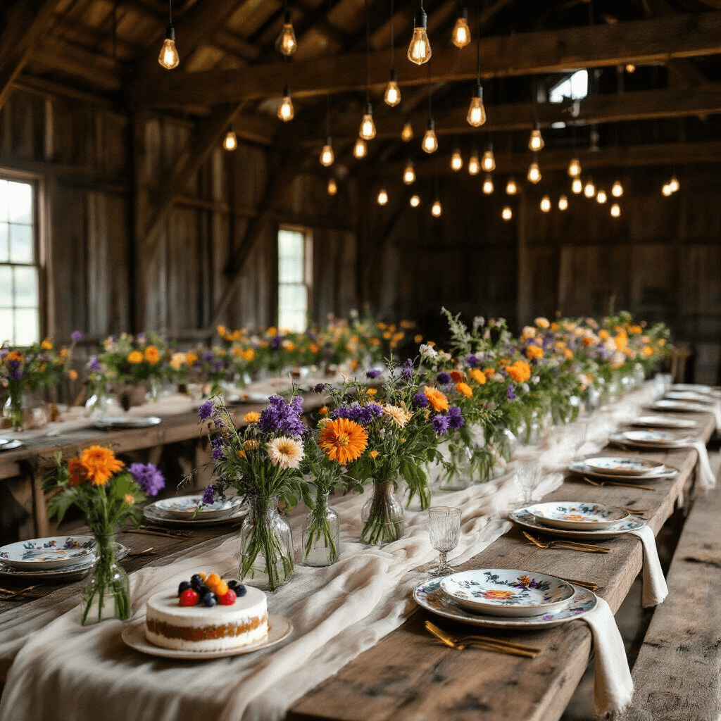 Blooming Celebrations: The Ultimate Flower-Themed Birthday Party Guide for Every Age An elegant barn dinner party featuring rustic wooden tables decorated with wildflowers in vibrant colors, warm Edison bulb lighting, hand-painted ceramic plates, gold flatware, and a dessert cart with a naked cake topped with fresh figs and edible flowers.