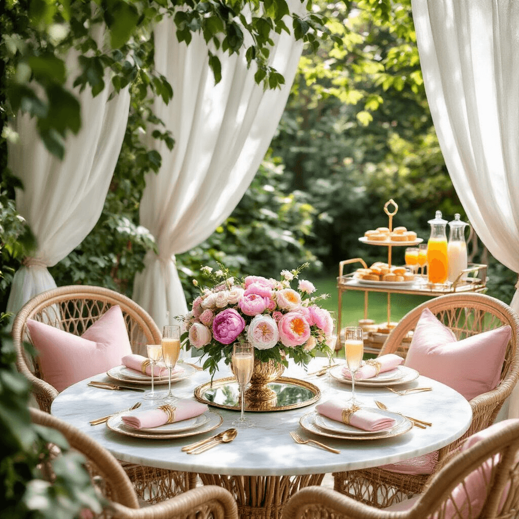 Garden Birthday Party: Your Ultimate Guide to Creating a Magical Outdoor Celebration An intimate birthday brunch setup in a sunlit garden, featuring a round marble table surrounded by rattan peacock chairs with pastel pillows. The table is elegantly set with gold-rimmed plates, modern gold flatware, and champagne flutes, adorned with a lush centerpiece of pink peonies and garden roses on a mirrored tray. A nearby bar cart displays mimosa ingredients and a tiered stand of fresh pastries, with soft morning light filtering through sheer white curtains.