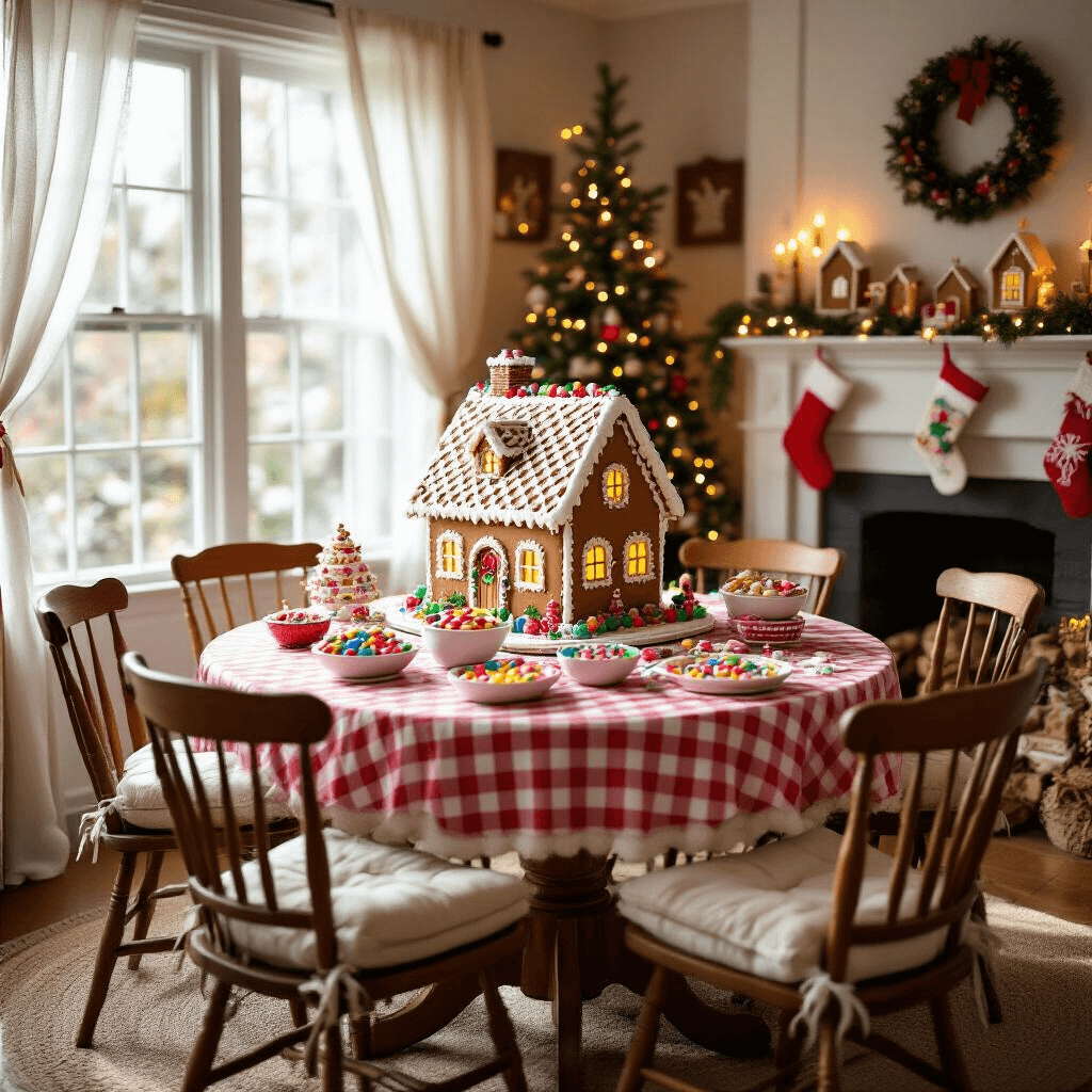Magical Gingerbread Birthday Party: The Ultimate Styling and Photography Guide A cozy living room transformed into a whimsical gingerbread wonderland, featuring a large circular table with a red and white gingham tablecloth, an elaborate gingerbread house, bowls of colorful candies, and rustic wooden chairs with plush cushions, all illuminated by soft morning light and twinkling fairy lights.