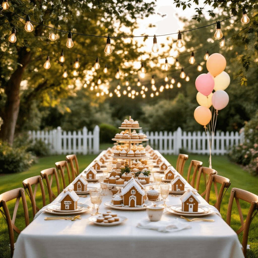 Magical Gingerbread Birthday Party: The Ultimate Styling and Photography Guide An enchanting outdoor garden party setup at golden hour, featuring a long farmhouse table adorned with a white linen tablecloth, gingerbread house kits, vintage china, and gold cutlery, beneath a canopy of Edison bulbs, with pastel balloons nearby and a dessert cart of gingerbread cookies and cupcakes, all bathed in warm golden light.