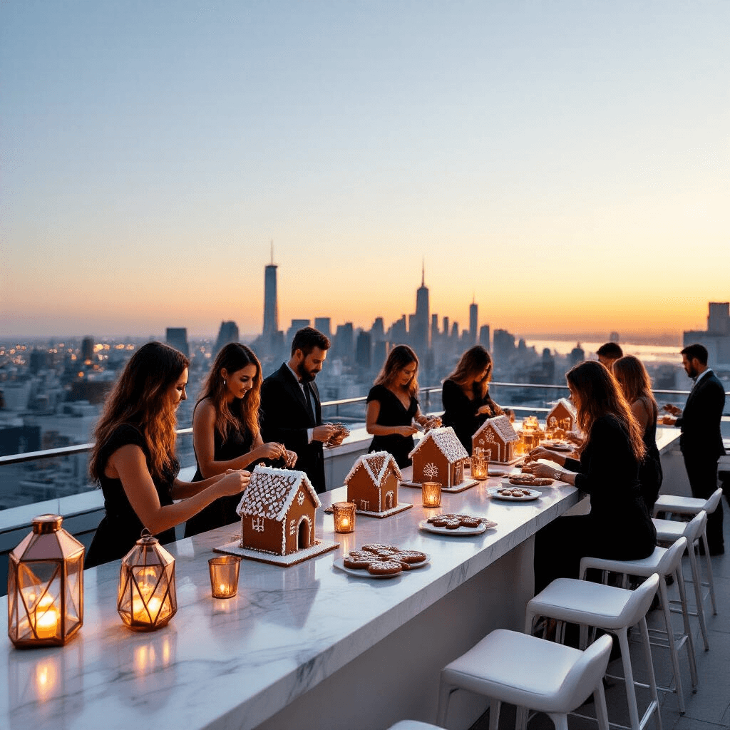 Magical Gingerbread Birthday Party: The Ultimate Styling and Photography Guide A panoramic view of a chic rooftop terrace decorated for gingerbread decorating, featuring sleek white tables with minimalist kits and metallic candies, illuminated by geometric copper lanterns against a city skyline at sunset. Guests in stylish attire mingle and create gingerbread houses, with a marble bar showcasing gingerbread-inspired cocktails.