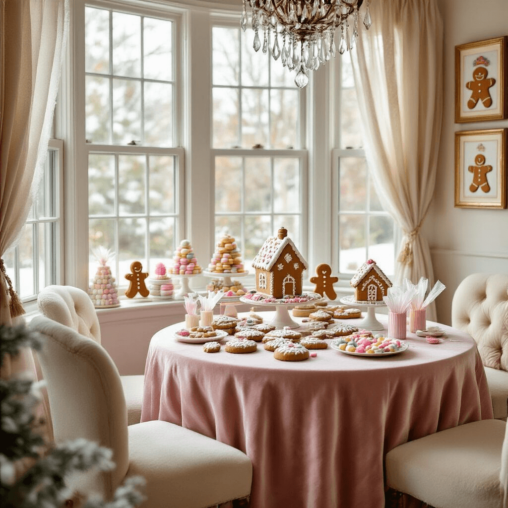 Magical Gingerbread Birthday Party: The Ultimate Styling and Photography Guide A cozy gingerbread decorating nook featuring a round table with a blush pink velvet tablecloth, surrounded by plush cream-colored chairs. The table is adorned with pre-built gingerbread structures, pastel candies on vintage cake stands, and piping bags of royal icing. Soft light filters through a bay window, while sheer curtains and a crystal chandelier enhance the elegant atmosphere. Framed gingerbread-themed artwork decorates the walls.