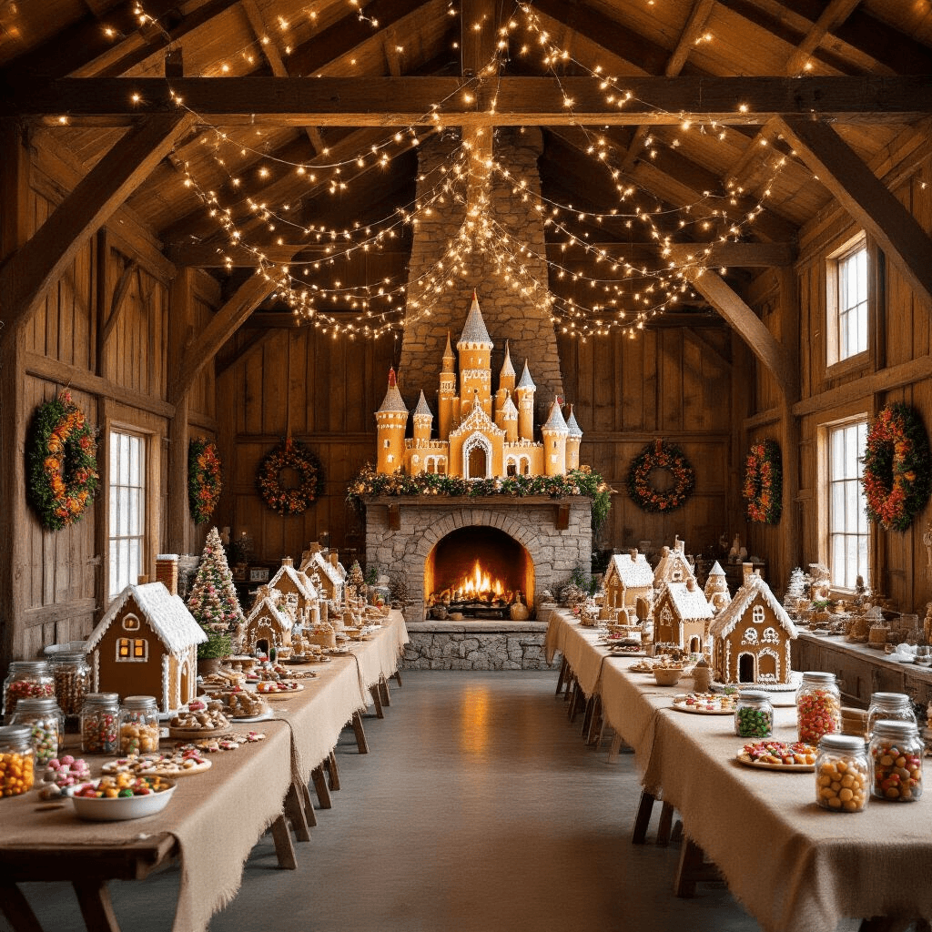 Magical Gingerbread Birthday Party: The Ultimate Styling and Photography Guide Aerial view of a rustic barn interior transformed into a festive gingerbread village, featuring long tables with burlap runners displaying gingerbread houses, mason jars of candy, and a grand gingerbread castle by a stone fireplace, all under twinkling fairy lights and adorned with cinnamon wreaths.