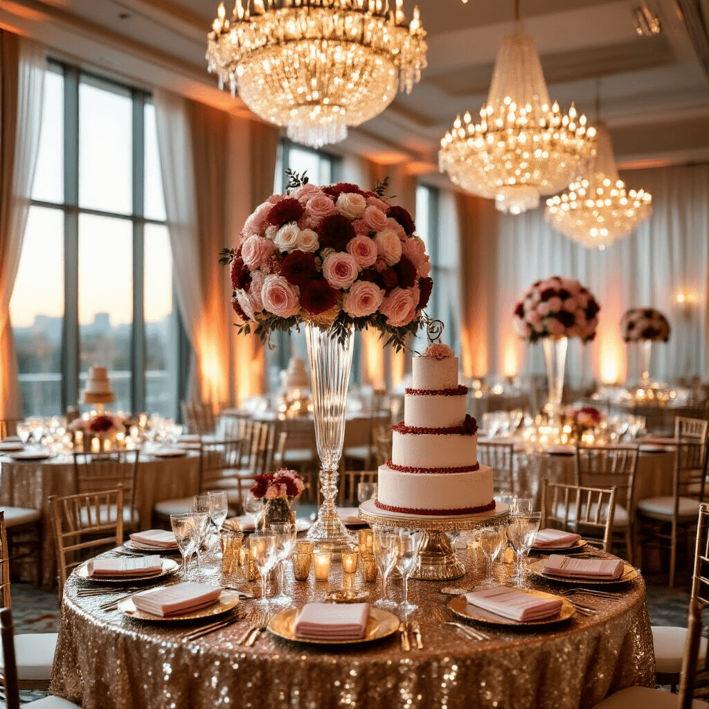 Glam Birthday Party: Your Ultimate Guide to a Luxurious Celebration A lavish hotel ballroom set for a glamorous birthday party, featuring golden hour light through large windows, sequined gold tablecloths, floral centerpieces, elegant place settings, a multi-tiered cake, and enchanting uplighting.