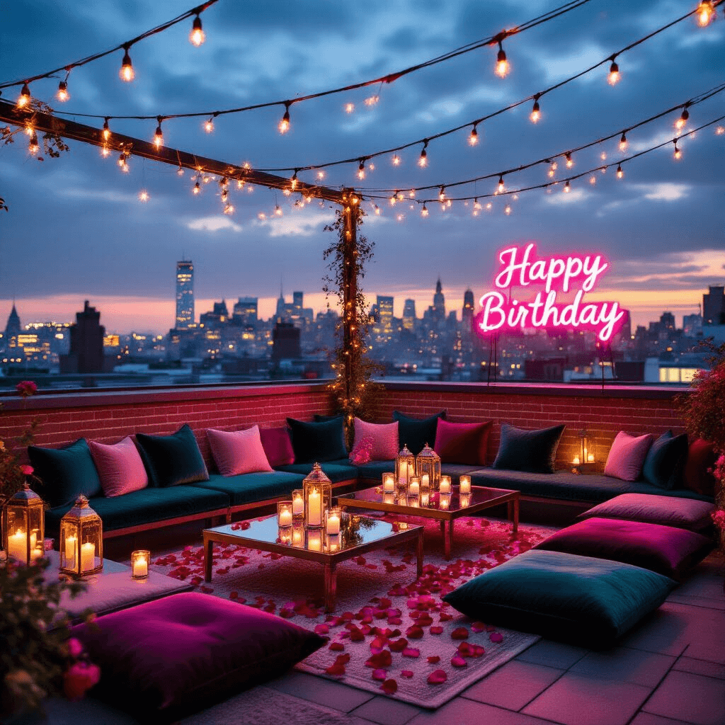 Glam Birthday Party: Your Ultimate Guide to a Luxurious Celebration An elevated view of a rooftop terrace set for an evening celebration, featuring jewel-toned cushions around low tables with mirrored centerpieces, floating candles, and rose petals. Twinkling fairy lights and lanterns overhead create a magical ambiance, while a neon 'Happy Birthday' sign glows softly against a brick wall, with city lights sparkling in the sunset background.