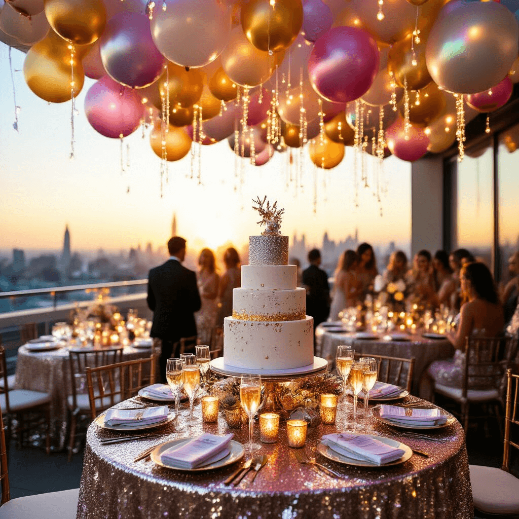 Throw the Most Dazzling Glitter Birthday Party: A Complete Guide to Sparkle and Shine A vibrant rooftop terrace decorated for a birthday celebration, featuring shimmering sequin-draped tables, an array of iridescent balloons, and fairy lights. A lavish dessert table with a glittery tiered cake stands out, complemented by sparkling cocktails in champagne flutes. The golden hour casts a warm light over guests in glamorous attire, creating a festive and magical atmosphere against the cityscape backdrop.