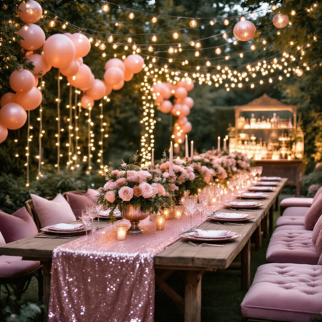 Throw the Most Dazzling Glitter Birthday Party: A Complete Guide to Sparkle and Shine An enchanting garden party at dusk, illuminated by fairy lights, featuring rustic tables with blush pink sequin runners, floral centerpieces, rose gold balloon garlands, a DIY glitter station, plush velvet seating, and a vintage bar cart with cocktails.