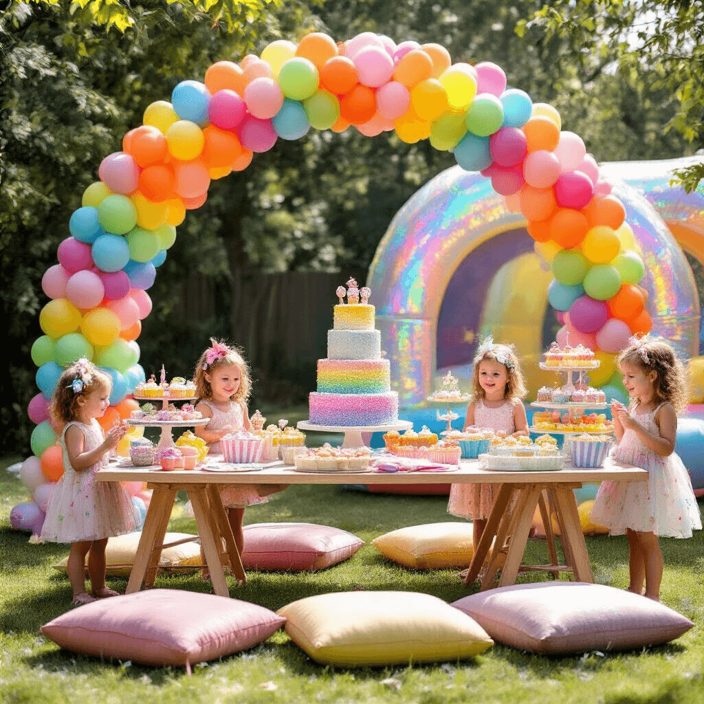 Throw the Most Dazzling Glitter Birthday Party: A Complete Guide to Sparkle and Shine A vibrant children's birthday party in a sunlit backyard, featuring a rainbow balloon arch, a dessert table with sparkling treats, a glitter craft station, a shining bounce house, and joyful children adorned with edible glitter frosting.