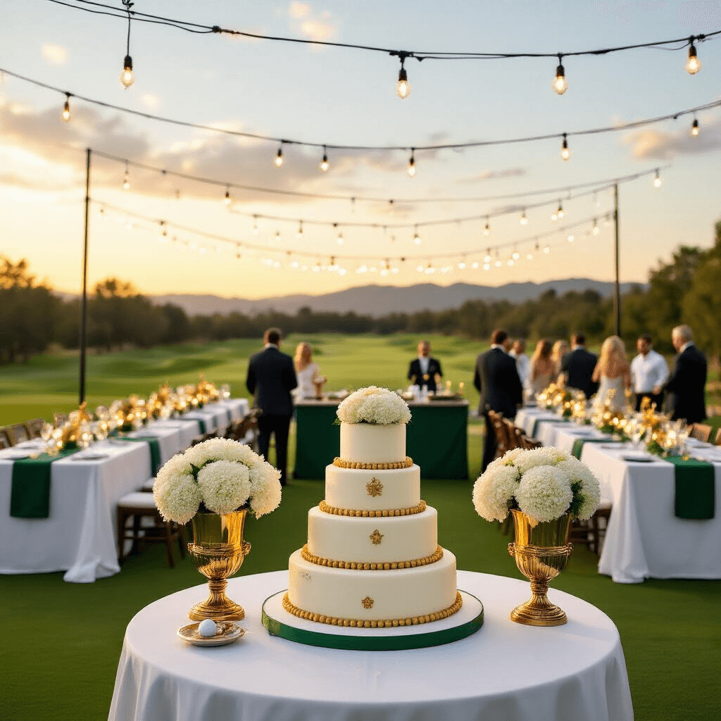Golf Birthday Party: The Ultimate Styling and Photography Guide A luxurious outdoor golf-themed birthday celebration at golden hour, featuring banquet tables with white linens and emerald green runners, antique brass trophy centerpieces with white hydrangeas and golf balls, twinkling fairy lights, a golf bag-shaped cocktail bar, and a grand 3-tiered cake styled as a golf course surrounded by themed treats.
