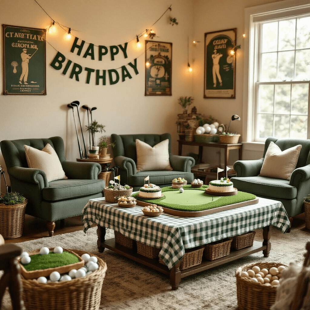 Golf Birthday Party: The Ultimate Styling and Photography Guide A cozy indoor golf-themed birthday party with vintage memorabilia, a miniature golf course cake, gingham tablecloth, plush seating, and playful string lights in a sunlit living room.