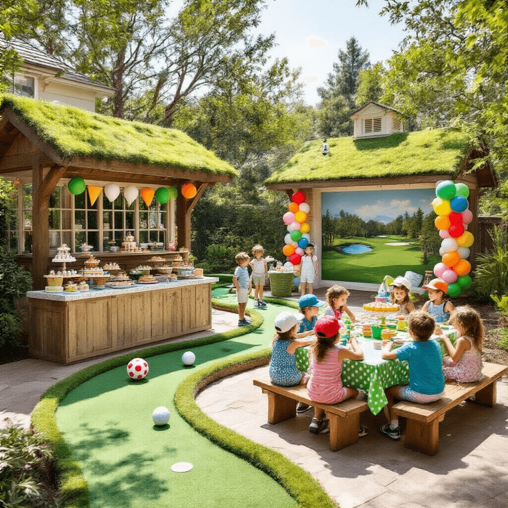 Golf Birthday Party: The Ultimate Styling and Photography Guide A vibrant backyard kids' golf party featuring a whimsical mini-golf course, a dessert station styled like a clubhouse, balloon sculptures, picnic tables with themed snacks, and a photo booth with golf-themed props.