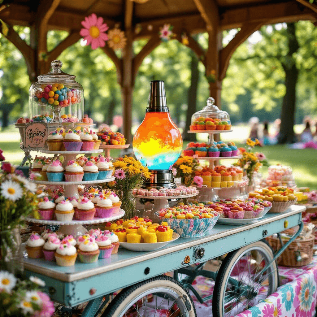 Groovy Birthday Party: A Retro Celebration of Color and Fun Close-up of a vibrant dessert cart made from a vintage bicycle, overflowing with colorful treats like psychedelic cupcakes and candies in glass jars, adorned with handmade labels. Fresh flowers and a lava lamp decorate the cart, set against a backdrop of guests in flower-power attire and picnic blankets in a sunlit park.