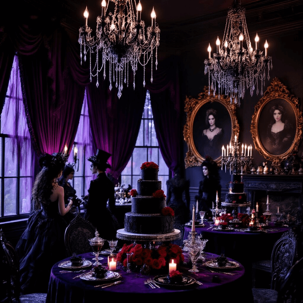 Spooky Spectacular: The Ultimate Halloween Birthday Party Guide A dimly lit Victorian-style parlor decorated for a Gothic Glam Halloween birthday, featuring black chandeliers with crystal spiderwebs, deep purple velvet drapes, round tables with silver candelabras and blood-red roses, spooky portraits in antique frames, and a grand dessert table with a tiered black cake and themed treats, while guests in Victorian costumes mingle among flickering candlelight.