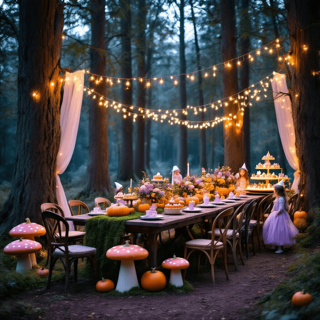 Spooky Spectacular: The Ultimate Halloween Birthday Party Guide An enchanted forest clearing at twilight, set for a whimsical Halloween birthday celebration with fairy lights, moss-draped tables, pastel pumpkin centerpieces, vintage chairs, oversized toadstools, a dessert cart with themed cupcakes, and guests in woodland creature costumes.