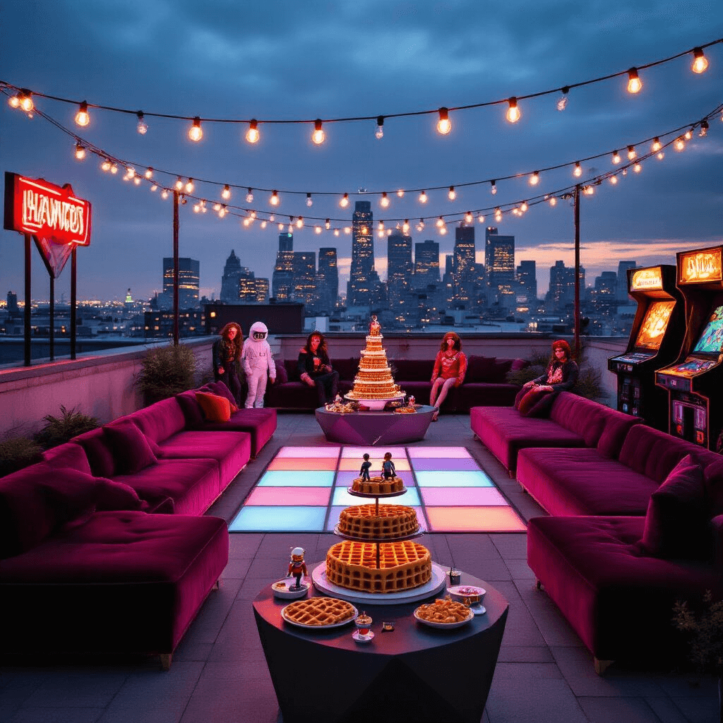 Spooky Spectacular: The Ultimate Halloween Birthday Party Guide A rooftop terrace decorated for a Stranger Things-inspired Halloween birthday party at dusk, featuring string lights, neon signs, and a view of the city skyline. The setup includes jewel-toned velvet sofas, geometric side tables with themed snacks and cocktails, a central dance floor surrounded by arcade games and a DJ booth styled like Hawkins Middle School. A cake table displays a waffle tower with 'Eleven' figurines and balloon 'Demogorgons', while guests in character costumes pose in front of a custom alphabet wall with blinking lights.