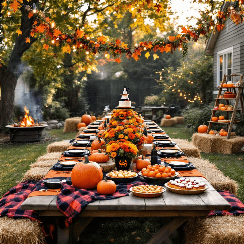 Spooky Spectacular: The Ultimate Halloween Birthday Party Guide A cozy Halloween birthday celebration in a backyard, featuring a farmhouse table with orange and black linens, carved pumpkin centerpieces, hay bales draped in plaid blankets, a fire pit for roasting marshmallows, a dessert station with pies and a naked cake, garlands of fall leaves and fairy lights, and guests in Halloween costumes.