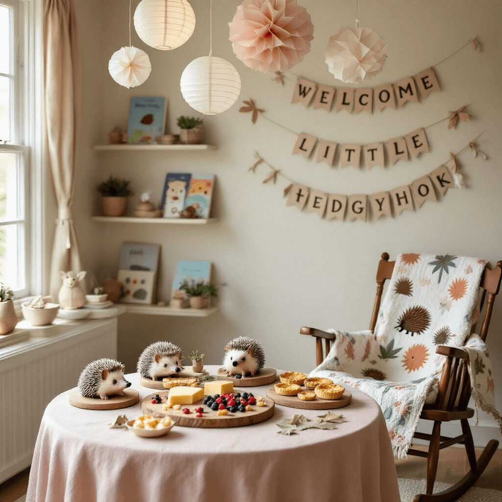 Hedgehog Birthday Party: The Ultimate Guide to Crafting a Magical Celebration A cozy living room decorated for a hedgehog-themed baby shower, featuring a grazing board with cheese hedgehogs, berry skewers, and mini quiche mushrooms on a blush linen table. Children's books about forest creatures adorn the floating shelves. A rocking chair with a hedgehog quilt is ready for gift-opening, while delicate paper lanterns and origami hedgehogs hang from the ceiling. A banner reading 'Welcome Little Hedgehog' is displayed on the mantle surrounded by succulents and tealight candles.