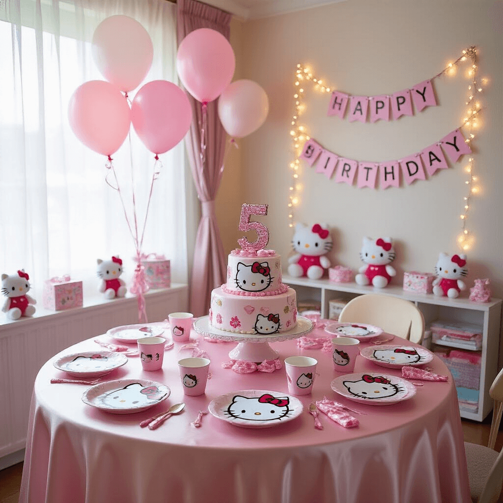 Hello Kitty Birthday Party: The Ultimate Cute and Playful Celebration Guide A cozy living room decorated for a whimsical Hello Kitty-themed birthday party, featuring pastel pink and white decorations, a table with Hello Kitty dishware, a tiered birthday cake with a glittery '5' topper, floating balloon clusters, plush toys, and a 'Happy Birthday' banner illuminated by soft morning light.