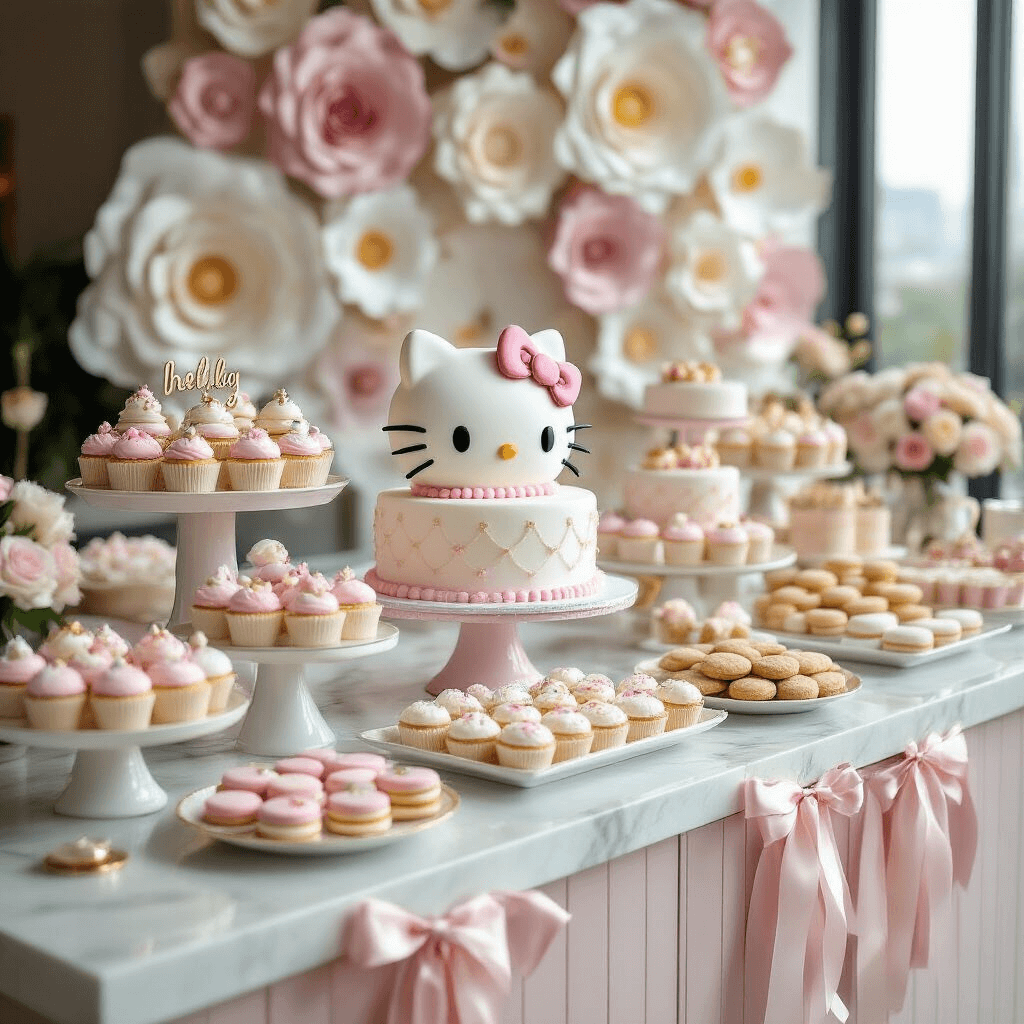 Hello Kitty Birthday Party: The Ultimate Cute and Playful Celebration Guide A close-up view of a Hello Kitty themed dessert table on a marble countertop, featuring an elaborate Hello Kitty cake, themed cupcakes, macarons, and cookies, all in shades of white, pink, and gold, with elegant signage and a backdrop of oversized paper flowers.