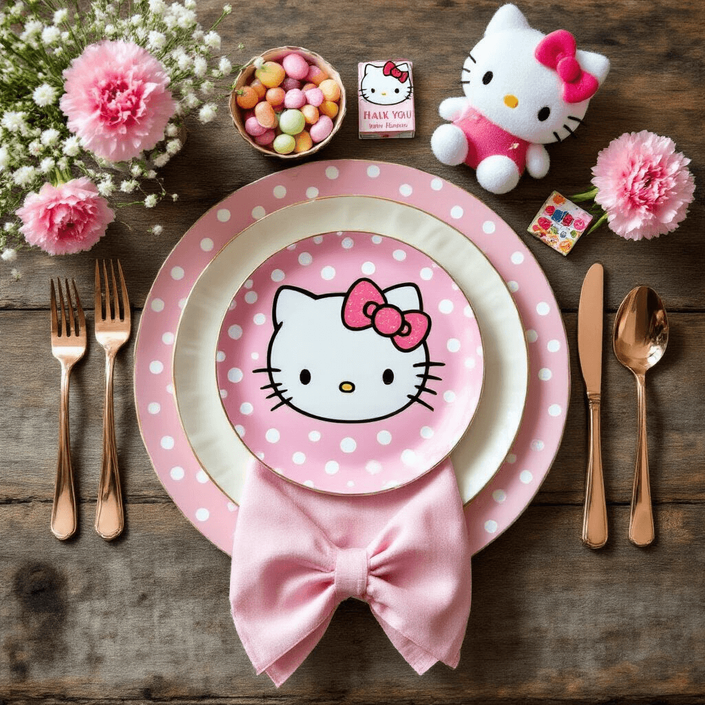 Hello Kitty Birthday Party: The Ultimate Cute and Playful Celebration Guide Overhead flat lay of a Hello Kitty party place setting on a rustic wooden table, featuring pink and white polka dot plates, rose gold cutlery, a folded bow napkin, Hello Kitty-themed party favors, and fresh pink carnations, all bathed in natural midday sunlight.