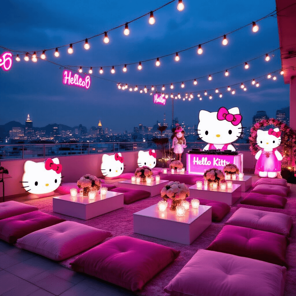 Hello Kitty Birthday Party: The Ultimate Cute and Playful Celebration Guide A magical Hello Kitty-themed rooftop terrace for a teen's birthday, adorned with warm white lights, pink neon signs, plush seating, illuminated sculptures, a DJ booth, and a sequined photo booth, set against a twinkling cityscape backdrop at twilight.