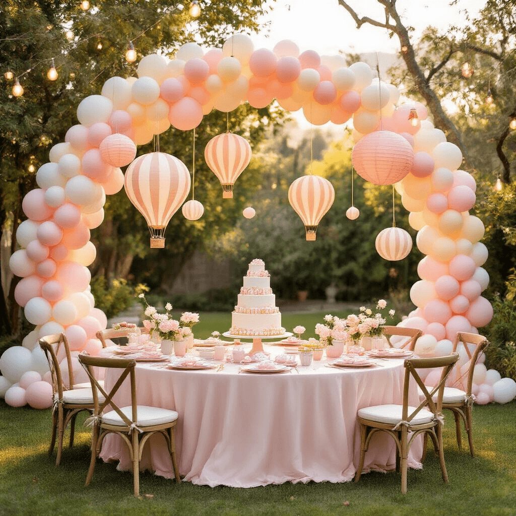 Hot Air Balloon Birthday Party: The Ultimate Guide to Creating a Whimsical Celebration A whimsical hot air balloon birthday party in a sunlit backyard featuring a grand pastel balloon arch, suspended paper lanterns, blush pink tables with cloud-shaped centerpieces, a tiered cake resembling hot air balloons, and fairy lights creating a magical ambiance.
