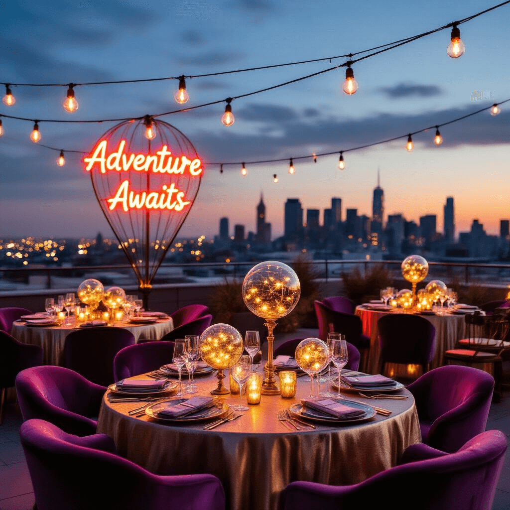 Hot Air Balloon Birthday Party: The Ultimate Guide to Creating a Whimsical Celebration A luxurious rooftop terrace at twilight, featuring high-top tables with metallic linens, glass orb centerpieces filled with fairy lights, and a neon sign reading 'Adventure Awaits.' A champagne tower is illuminated under oversized lanterns and market lights, with lounge areas of jewel-toned velvet seating and vintage globes. The city skyline is visible in the background, creating a magical atmosphere for an adults' hot air balloon soirée.
