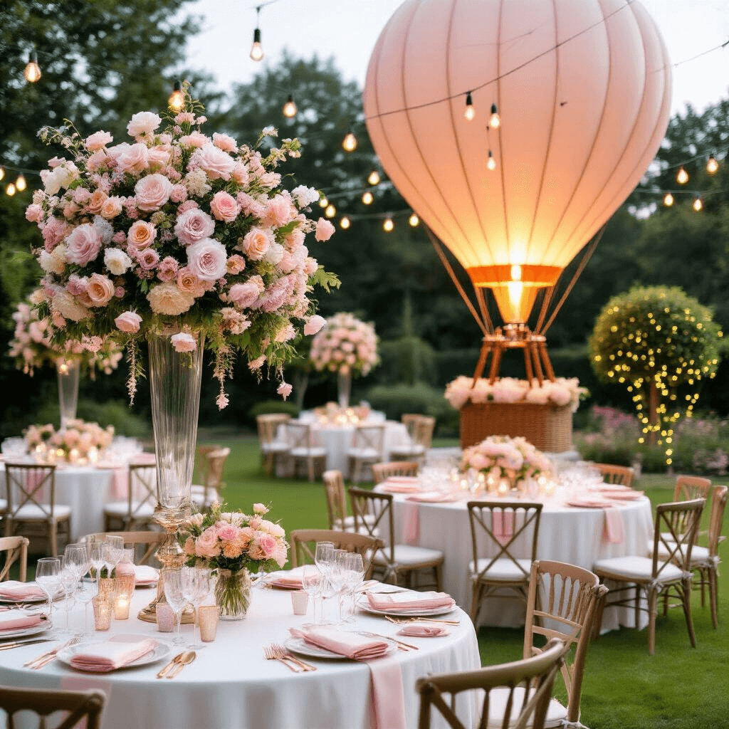 Hot Air Balloon Birthday Party: The Ultimate Guide to Creating a Whimsical Celebration An elegant garden party set on a manicured lawn with round tables adorned in white linens, featuring pastel flower arrangements and delicate paper hot air balloons, complemented by rose gold cutlery and blush napkins. A vintage hot air balloon basket serves as a gift table, and strings of Edison bulbs illuminate the scene, creating a dreamy atmosphere during blue hour.