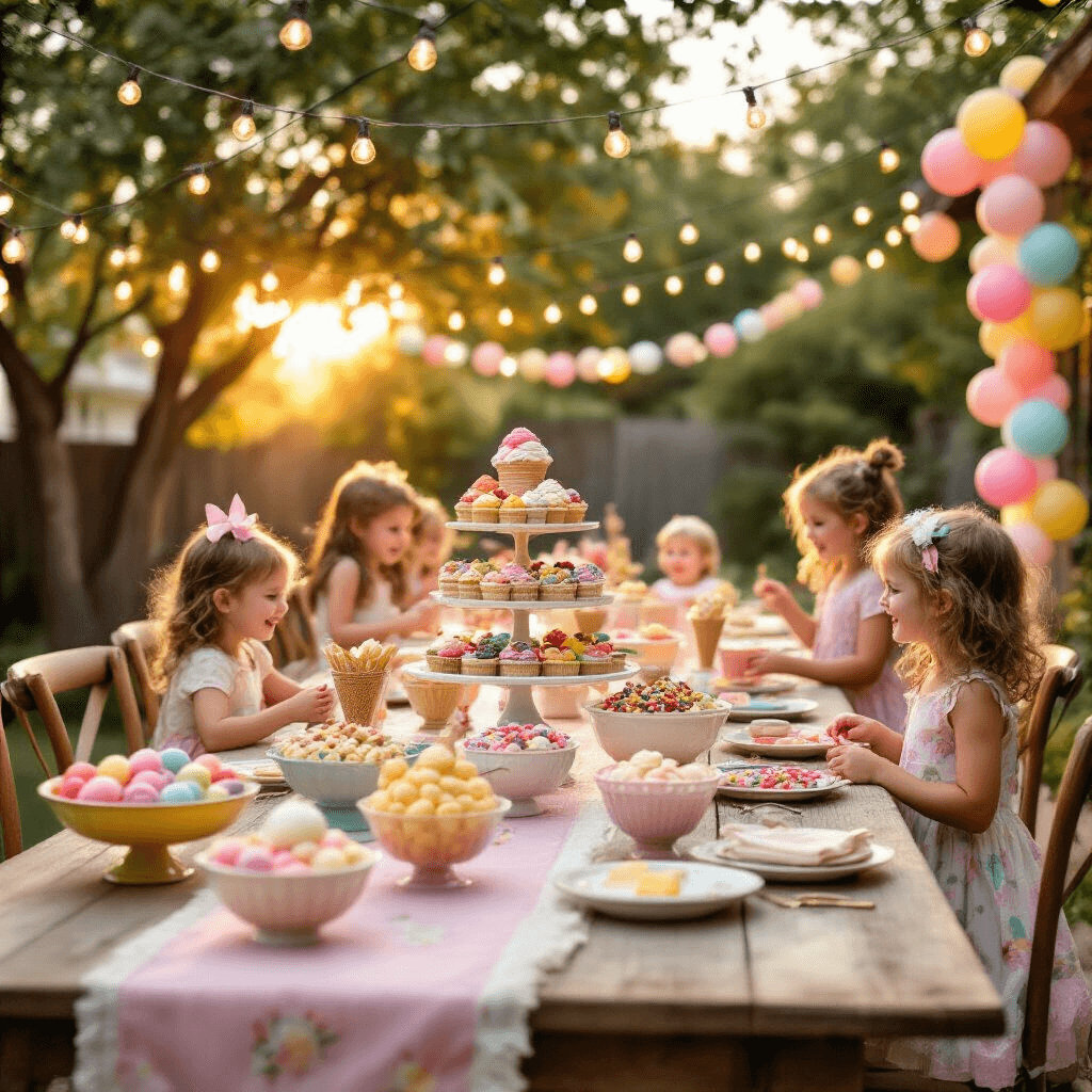 Ice Cream Birthday Party: The Ultimate Guide to Sweet Celebration Magic A whimsical backyard ice cream party at golden hour featuring a long farmhouse table with a pastel runner, an elaborate ice cream sundae bar, vintage glass bowls of colorful toppings, and a tiered cake stand of waffle cones. Soft string lights overhead and sherbet-colored balloon garlands frame the scene, with children joyfully creating towering sundaes as the warm sunset glow lights up their faces.