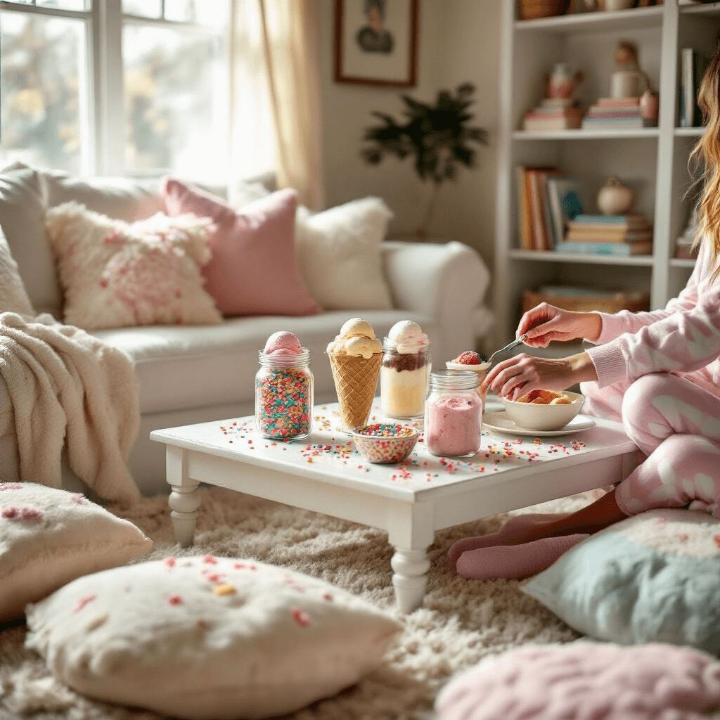 Ice Cream Birthday Party: The Ultimate Guide to Sweet Celebration Magic A cozy living room scene featuring a build-your-own-sundae station with colorful ice cream toppings, surrounded by plush pillows. Close-up of hands in fuzzy socks and silky pajamas reaching for sprinkles and sauces, with silver spoons glinting against vibrant ice cream scoops.