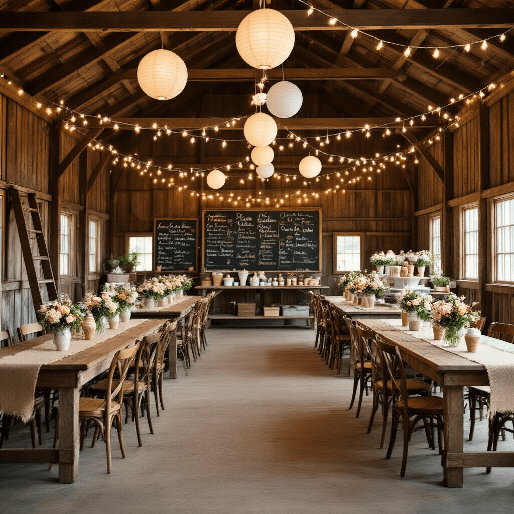 Ice Cream Birthday Party: The Ultimate Guide to Sweet Celebration Magic A cozy barn interior filled with mismatched vintage chairs and rustic decor, featuring long wooden tables adorned with burlap runners and mason jar floral centerpieces. Fairy lights and paper lanterns illuminate an ice cream social, with a refurbished ladder displaying colorful ice cream cones and chalkboard signs featuring witty ice cream puns. The scene is captured from the entrance, showcasing bustling ice cream stations at the far end.